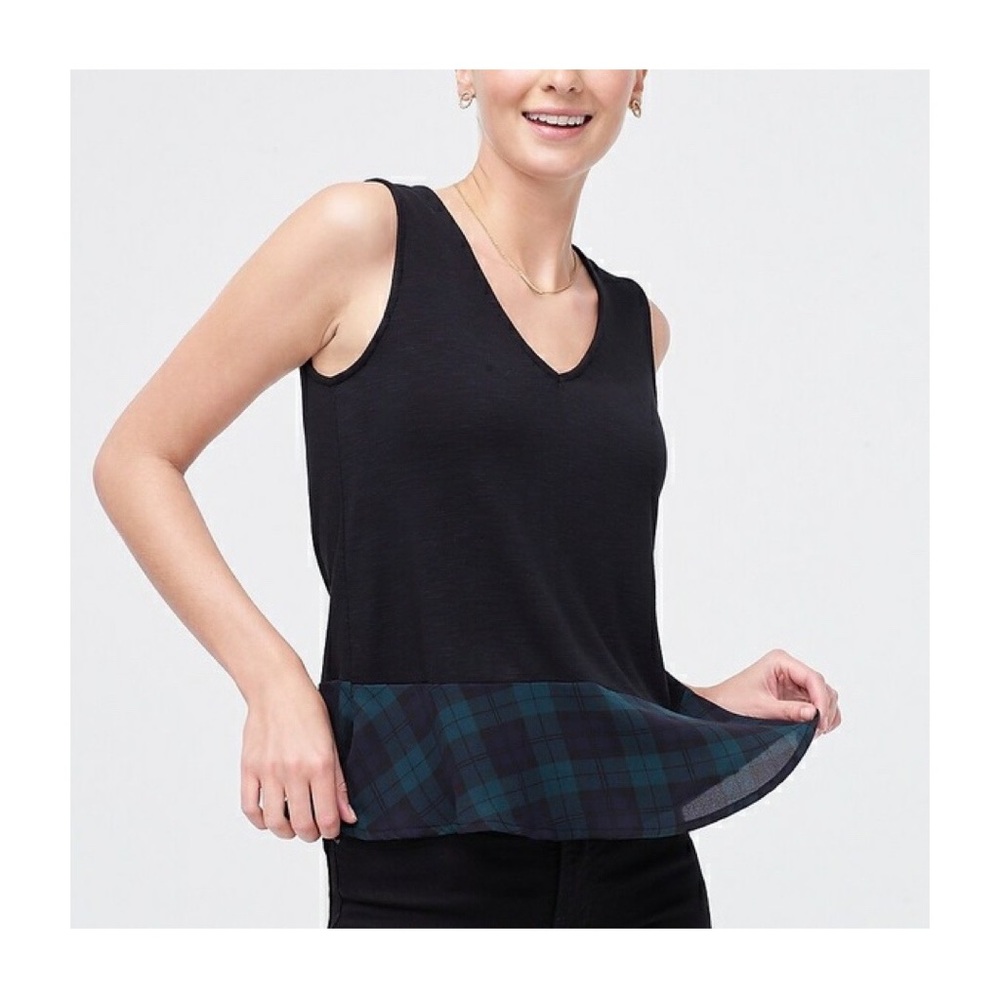 J. Crew Black Tank Top with Dark Green & Navy Plaid Hem